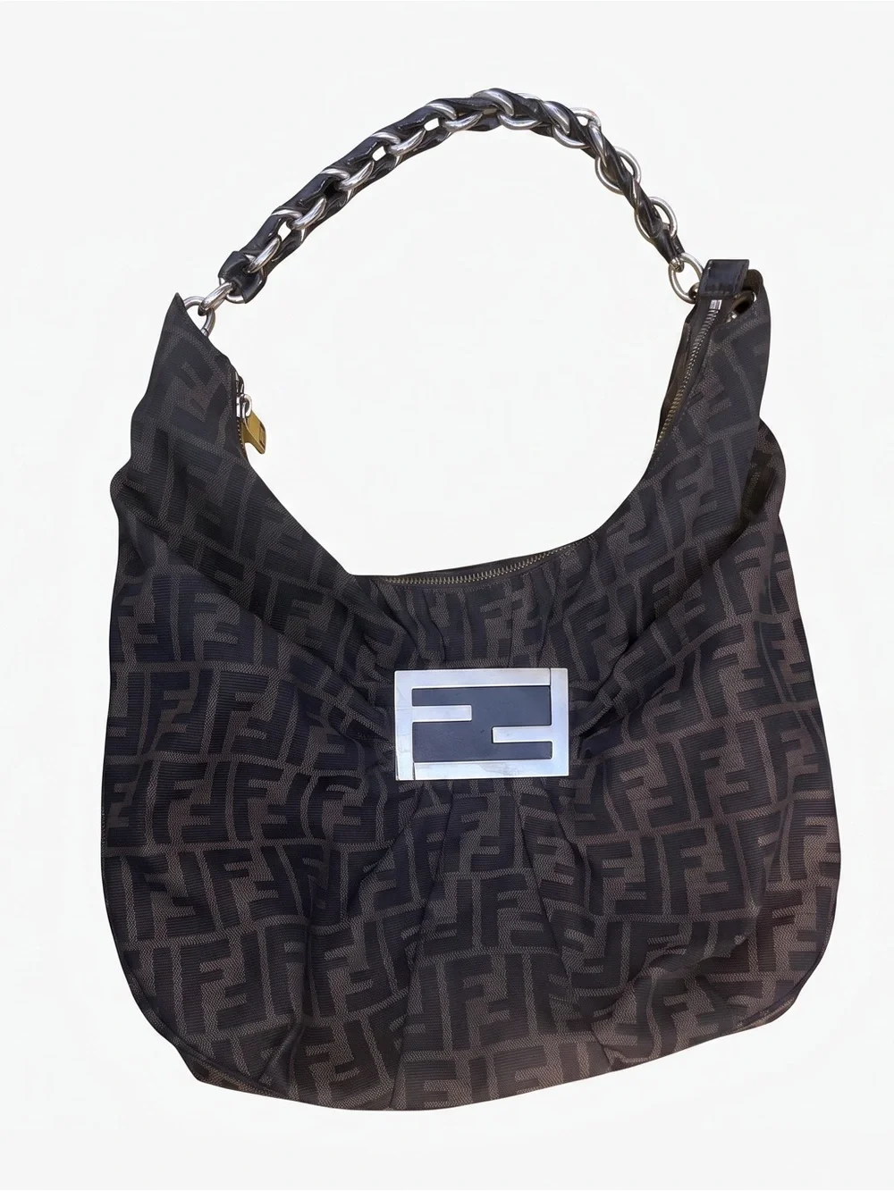 Fendi Mia Monogram Canvas Hobo with Chain Strap and Silver Plaque
